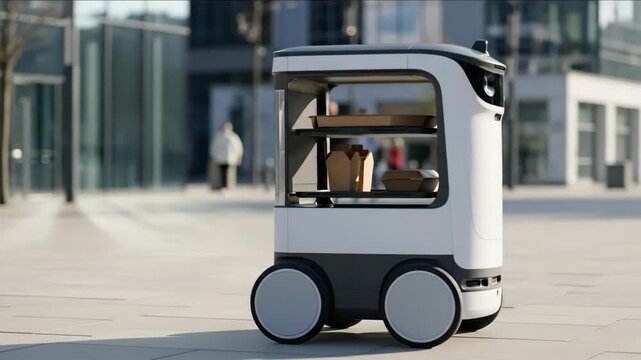 Autonomous delivery robot in city square transporting food containers for last mile delivery service - Powered by Adobe
