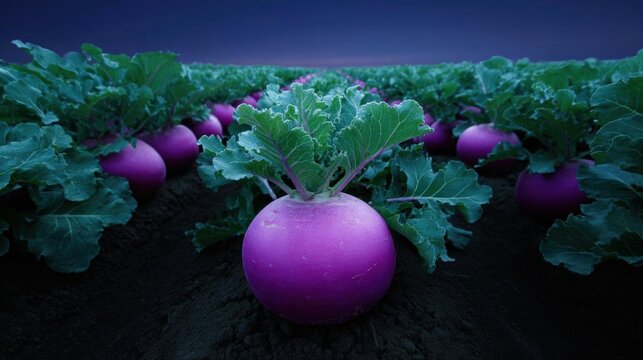 Field of purple turnips with their leaves still attached. the turnips are growing in neat rows and are illuminated by the setting sun, casting a warm glow on the soil.