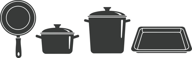Cookware Icons Frying Pan, Saucepan, Stock Pot, Baking Sheet