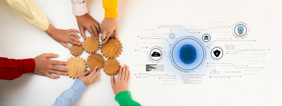 Diverse hands work together to assemble wooden gears, representing collaboration. A digital fingerprint graphic symbolizes security and innovation in business processes. Trope