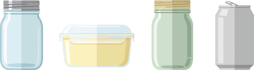 Food Storage Icons Glass Jar, Plastic Container, Mason Jar, Aluminum Can