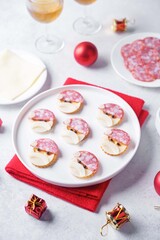 Salami sausage and cheese slices and crackers in the form of Santa Claus for Christmas holidays