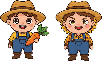 Two cute cartoon farmers in straw hats holding vegetables, adorable kids wearing overalls and smiling farm character illustration