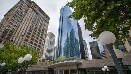 Stunning modern architecture downtown, glass skyscrapers reaching for the sky surrounded by lush greenery, perfect for urban development and real estate ventures