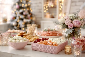Fototapeta premium Buffet table serving christmas appetizers and festive food