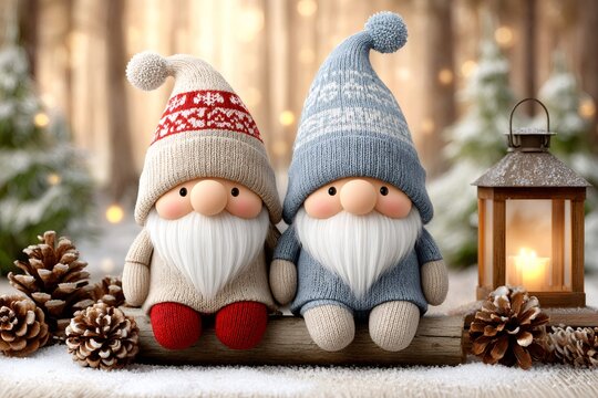 Cute gnomes sitting on log with lantern and pine cones