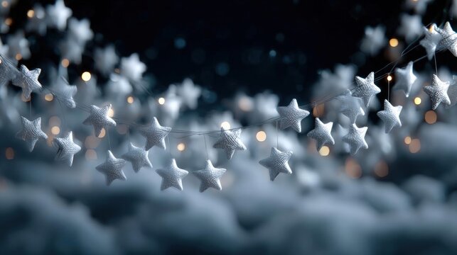 Close-up of a string of silver stars hanging from a wire. the stars are arranged in a way that they are overlapping each other, creating a star-like pattern.