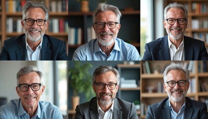 Six mature men smile during online meeting calls. They appear in separate screens on a grid layout showing virtual conference work from home. Each man has bookshelf in background.