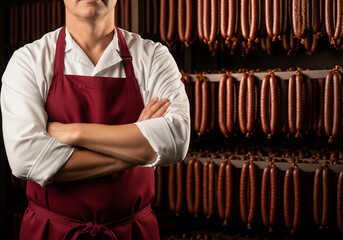 Professional butcher photo with smoked meats in background for food industry advertising, marketing materials, recruitment ads, trade promotions, local shop branding, posters, or website banners
