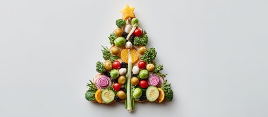 Healthy vegetable christmas tree offering festive vegan food, copy space