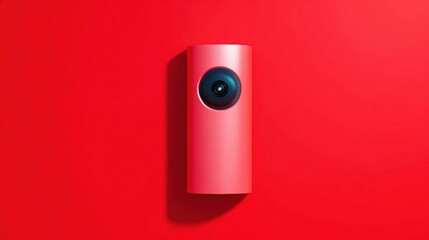 3d rendering of a red cylindrical device with a round camera lens on top. the device appears to be a home security camera, as it is positioned in the center of the image.