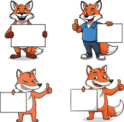 Cartoon fox characters holding blank signs, animal illustration, woodland theme, advertising concept, promotional design, cheerful mascot, creative campaign, playful art