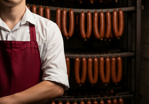 Confident butcher in red apron standing with folded arms in smokehouse for recruitment ads, trade promotions, food industry advertising, marketing materials, website banners, or local shop branding
