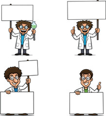 Cartoon scientists in lab coats holding blank signs, science characters illustration, research staff, laboratory team, education concept, chemistry awareness, advertising design