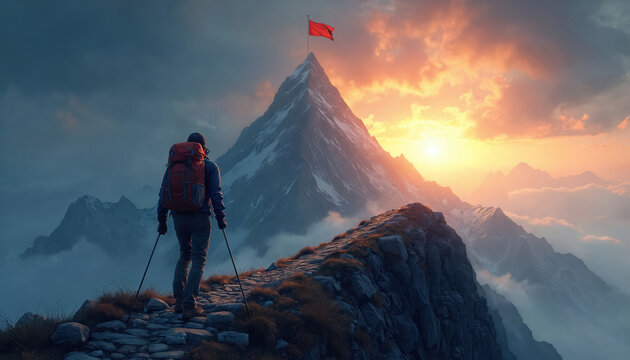 Man with backpack hikes mountain path toward summit flag at sunset. Climber with poles ascends rocky trail, reaching peak goal. Sun shines through clouds over vast landscape. - Powered by Adobe