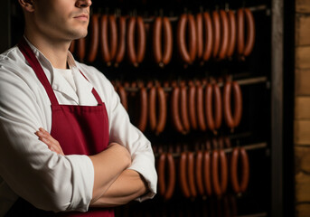 Skilled artisan butcher surrounded by smoked sausages and hams for local shop branding, posters, website banners, recruitment ads, trade promotions, food industry advertising, or marketing materials