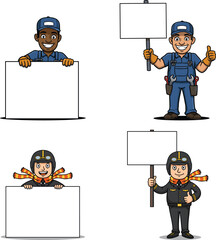 Cartoon workers and helmeted characters holding blank signs, handyman illustration, safety staff, repair team, advertising concept, construction awareness, promotional design