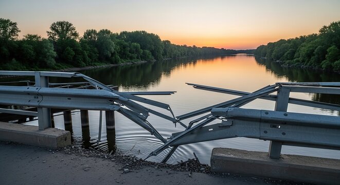 Damaged bridge guardrail over calm river at sunset sky reflection