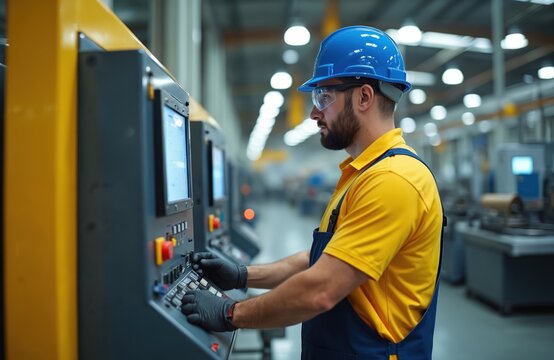 Man in blue hard hat and safety glasses operates machinery with control panel in modern factory. Worker wears yellow shirt and blue overalls, gloves at manufacturing plant.