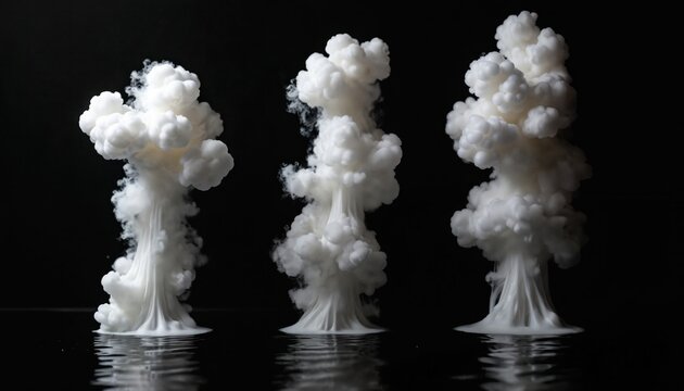 White ink swirls in water against stark black background creating abstract cloud. Paint forms rising smoke plume with dynamic motion. Powerful fluid effect resembles explosion eruption, with shape