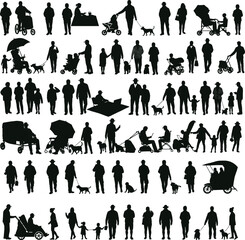 Family silhouettes, park people, walking kids, pushing strollers, dog walkers, urban life, outdoor activity, parenting moments, public space, lifestyle icons