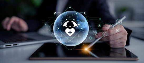 Global healthcare and medical insurance solutions for family protection. Digital technology...