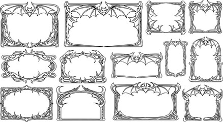 Gothic ornate frames, dark fantasy borders, bat wing design, horned scrollwork, vintage horror style, Halloween template, decorative photo frame, supernatural art