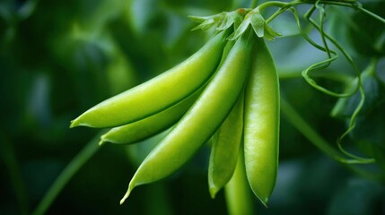 Fototapeta premium Close-up of a bunch of green peas hanging from a plant. the peas are long and slender, with a pointed tip at the top. they are hanging from the stem of the plant, which is covered in small leaves.