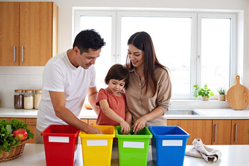 Happy young family teaching their child about recycling and sustainability by sorting items into colorful bins in a modern kitchen