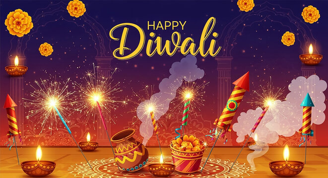 Happy diwali festival celebration with fireworks and diyas