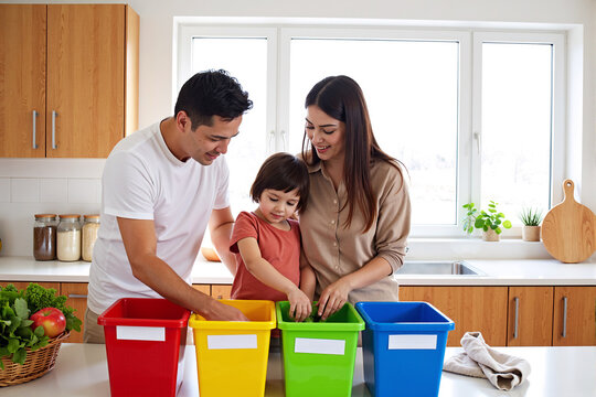 Happy young family teaching their child about recycling and sustainability by sorting items into colorful bins in a modern kitchen - Powered by Adobe