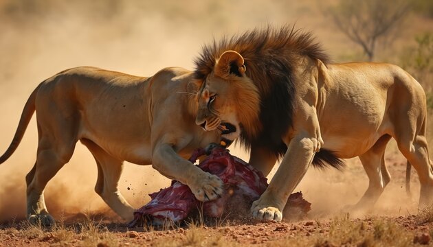 Two male lions fight over a carcass in savannah. Big cats struggle on dry ground with dusty grass. Powerful beasts compete for meat in wildlife.