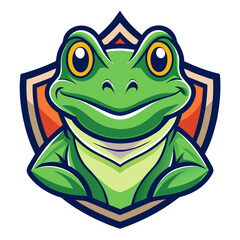 A cartoon green frog with large eyes and a friendly smile is depicted within a shield emblem.