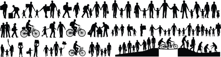 Silhouette people walking, children playing, family holding hands, cycling together, urban lifestyle, community interaction, everyday activity, mobility, accessibility, teamwork, friendship