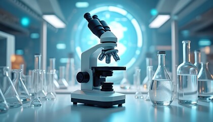 Futuristic lab with microscope and glassware. Digital screen glows with world map. Science, research, tech, and innovation themes. Global peace and development.