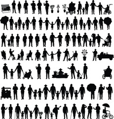 Silhouette people walking, families with children, strollers, bicycles, umbrellas, wheelbarrows, gardening, everyday lifestyle, social interaction, urban community illustration design