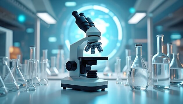 Futuristic lab with microscope and glassware. Digital screen glows with world map. Science, research, tech, and innovation themes. Global peace and development.