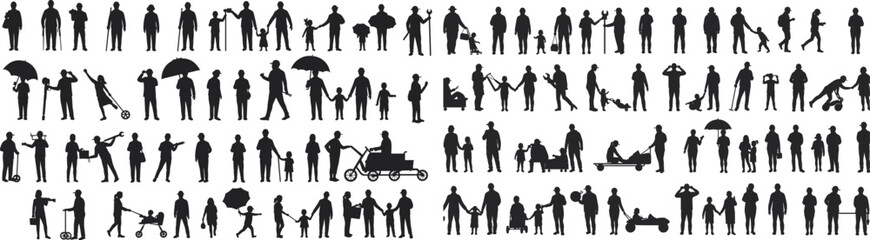 Silhouette people walking, families with children, strollers, umbrellas, bicycles, benches, everyday lifestyle, social interaction, urban street community illustration
