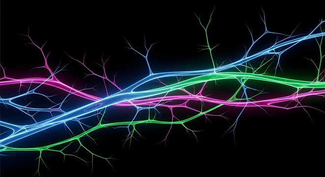 Dynamic abstract visualization of glowing, branching lines in vibrant colors, symbolizing intricate digital networks, energetic flows, and complex interconnected systems