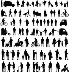 Silhouette people walking, families with children, strollers, wheelchairs, bicycles, scooters, cars, vans, everyday lifestyle, urban community social interaction illustration
