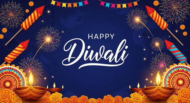 Diwali celebration greeting card with fireworks and diya lamps