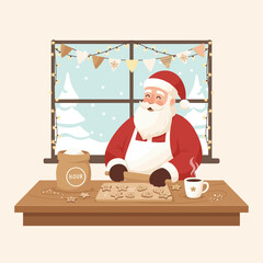 Santa Claus baking cookies by the window during winter season  