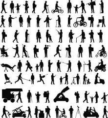 Silhouette people walking, families with children, strollers, wheelchairs, bicycles, umbrellas, scooters, cameras, megaphones, everyday lifestyle, urban community social interaction illustration