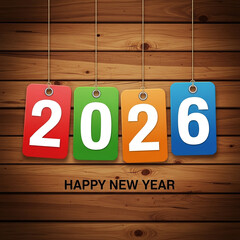 New Year 2026 Celebration: A vibrant visual expression of a New Year's greeting, the image presents the year 2026 elegantly displayed on colorful tags suspended against a warm wooden backdrop.