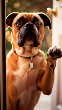 Brown boxer dog peeking through doorway with paw raised, curious pet looking through soft bokeh