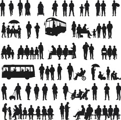 Silhouette people walking, families with children, strollers, wheelchairs, umbrellas, bicycles, benches, buses, everyday lifestyle, urban community social interaction illustration