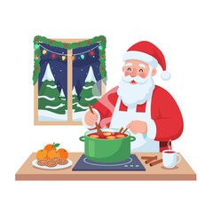 Santa Claus cooking in the kitchen during winter holiday season  