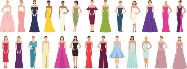 Elegant women in formal evening gowns, diverse dress styles, fashion illustration, ball gowns, prom dresses, stylish silhouettes, vector clipart set