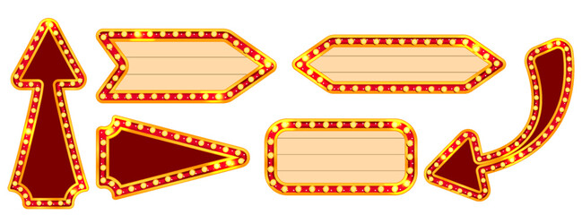 Marquee sign circus light rectangle with carnival frame and casino board. Retro cinema bulb glow arrow in vintage red style for theater show or broadway poster. Blank lottery bubble on background.
