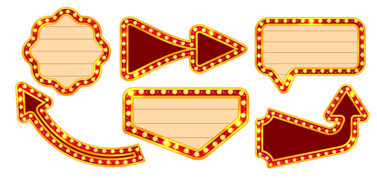 Marquee circus rectangle light sign with casino frame and carnival board. Retro hotel bulb glow red arrow in vintage style for broadway show. Blank lottery or club announcement label for winner.